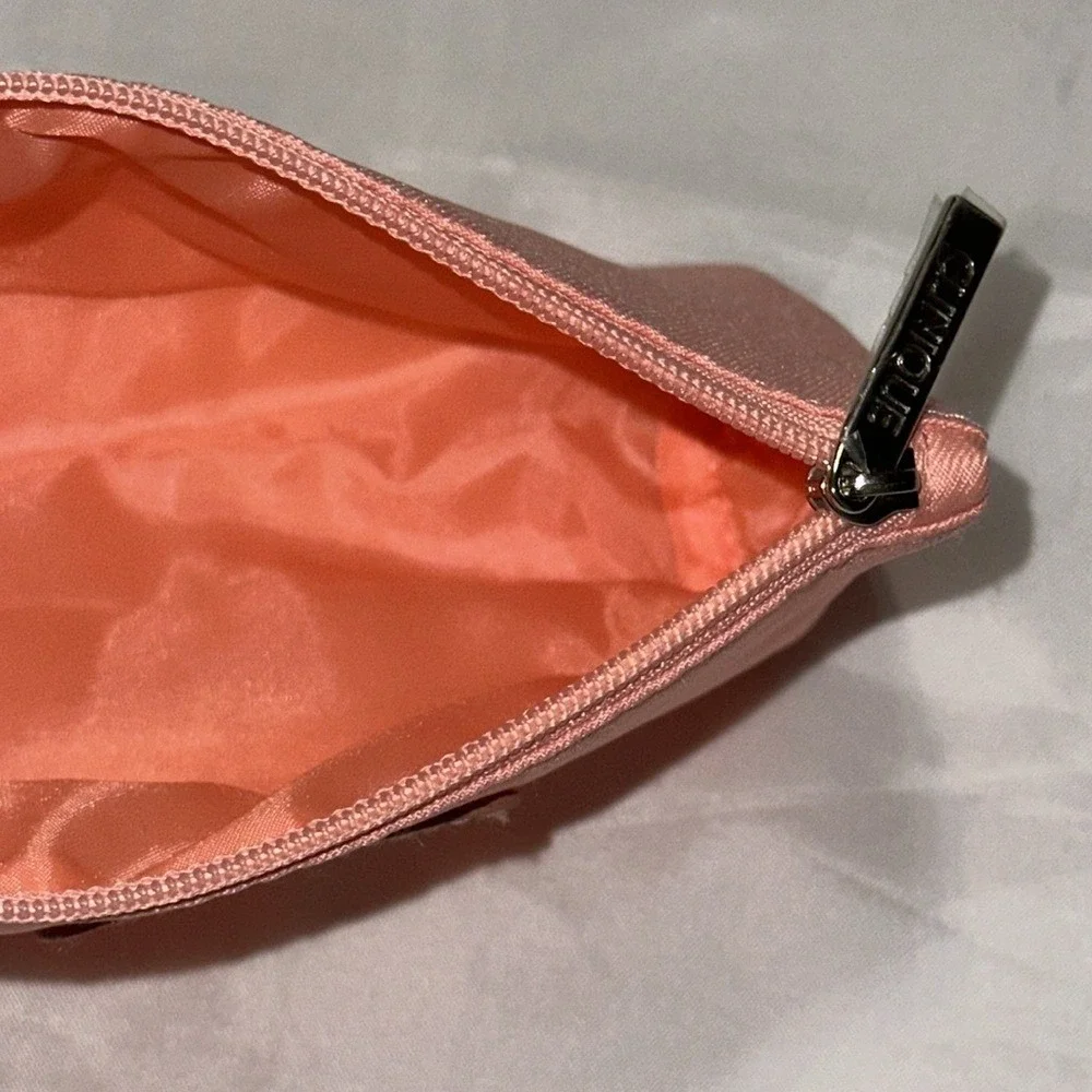 Clinique Makeup Bag Set 2 Piece Peach Pink Solid and Multi Color Heart Pattern